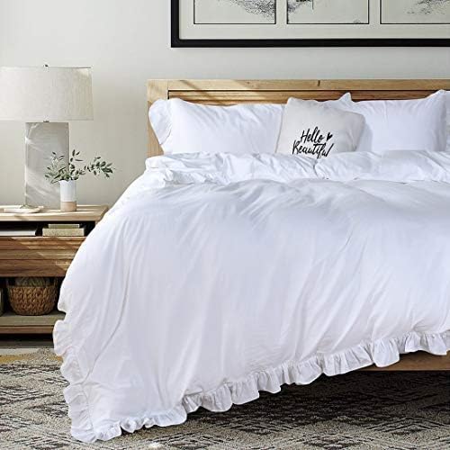 Queen's House White Ruffle Twin Duvet Cover, Washed Cotton Shabby Boho Chic Farmhouse Bedding Comforter Cover 3 Pieces Kids Duvet Quilt Cover Twin Ultra Soft Aesthetic Cute Girls Teen Bedding QSH