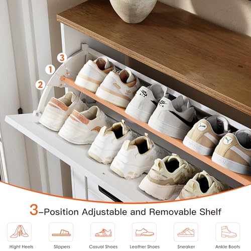 Nicetree Shaker Barn Door Shoe Cabinet, 3 Flip Drawers & 3Tier Adjustable Shelves, Ultra Slim Freestanding, Modern Rustic Brushed White Farmhouse Shoe Rack for Entryway, Hallway, Foyer & Mudroom White Nicetree