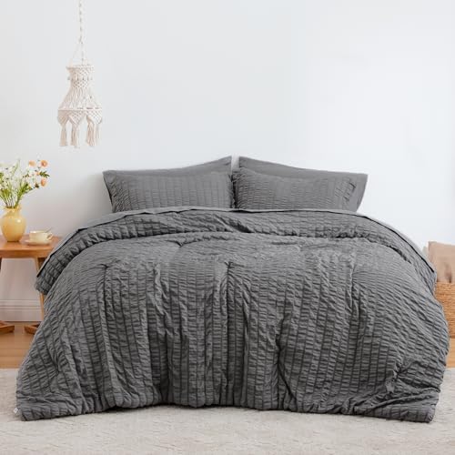 Love's cabin Seersucker Dark Grey King Size Comforter Set, 7-Piece All Season Lightweight Bed in a Bag Bedding Set with Comforter, Flat Sheet, Fitted Sheet, Pillowcases and Shams Love's cabin