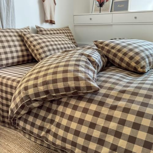 PinkMemory Brown Gingham Duvet Cover Set Queen 100% Washed Cotton Beige Plaid Checkered Duvet Cover Full 3pcs Modern Coffee Grid Gingham Bedding Set with Zipper Closure Ultra Soft Breathable PinkMemory