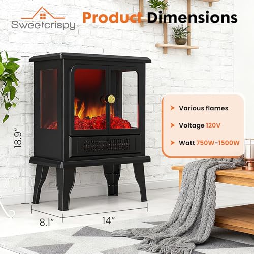 Sweetcrispy 19” Freestanding Electric Fireplace Heater, Indoor Fireplace with Adjustable Flame Effect, Easy Control, Small Corner Heater for Living Room, Bedroom, Carbon Black Sweetcrispy