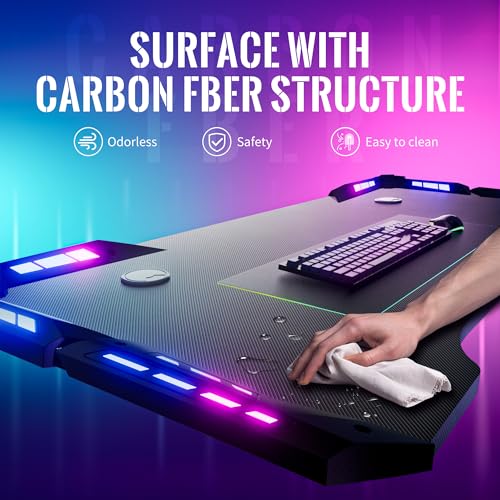 Gamtimer Gaming Desk with LED Lights,47 inch Carbon Fiber Surface RGB Gaming Computer Table, 384 Color Mode with Remote Control, Cup Holder and Headphone Hook - Black Gamtimer