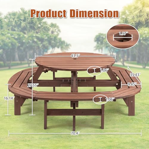 10-12 Person Picnic Table Round Outdoor Dining Table with Umbrella Hole,1 Built-in Ring Stool,Wooden Outside Picnic Tables and Bench Set for Garden,Patio, Backyard,2500LBS Total Capacity,Walnut Brown Pvillez
