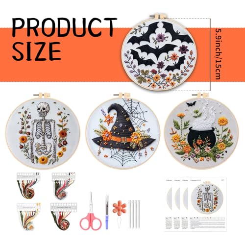 Fusionara Halloween Embroidery Kit, Halloween Cross Stitch Kit, 4 Set Gothic Embroidery Cross Stitch Kits for Beginners, Unisex, 6 Inch, Cross Stitch, Needlepoint, DIY, Craft Kit with Needles (4 Set)
