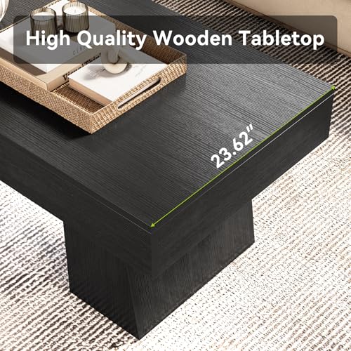 LITTLE TREE Farmhouse Coffee Table, 47 Inches Wooden Rectangular Accent Center Tables with Thick Base, Modern Low Cocktail Tea Furniture for Living Room (Black) LITTLE TREE