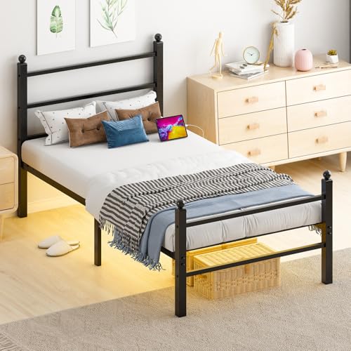 Gohapnis Twin Bed Frames with Headboard and Footboard,Black Metal Platform Bed Frame with RGB LED Lights and USB Charging Station,Under Bed Storage,No Box Spring Needed,Suitable for Bedrooms Gohapnis