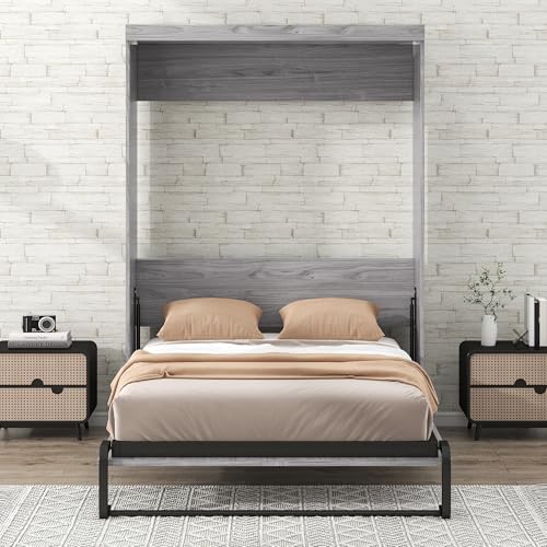 LUMISOL Full Size Murphy Bed Frame, Solid Wood Foldable Wall Bed Full Farmhouse Murphy Bed with Metal Frame, can be Folded into a Cabinet, Gray