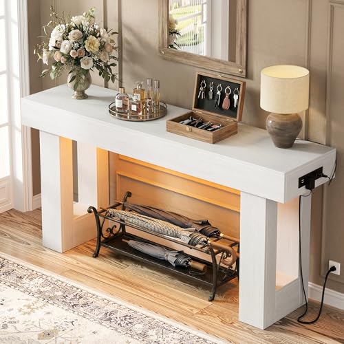 Unikito 63'' Farmhouse Console Table with Power Outlets and Sensor Light, Wooden Entryway Table with Storage, Rectangular Sofa Tables Behind The Couch for Entrance, Hallway, Living Room, Antique White Unikito
