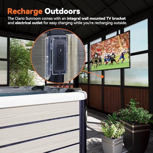 Modern Shade Clario Solarium 12'x20' Sunroom Hardtop Gazebo with TV Mount & Sliding Doors, Galvanized Steel Roof Screen House, Ventilation Design & Wood Grain Finish, All-Weather Aluminum Sun Room