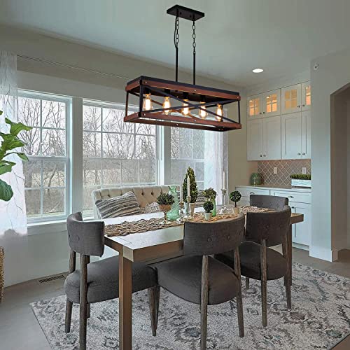 Rustic Farmhouse Kitchen Island Lighting, Wood and Metal Linear Chandelier, 5 Lights Industrial Pendant Light Fixture for Kitchen Island Dining Room Living Room Table, Black Fivess Lighting