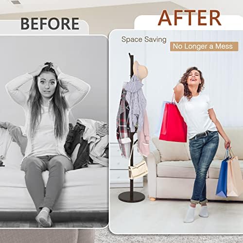 Wooden Freestanding Coat Tree with 4 Height Options and 9 Hooks, Sturdy Coat Rack Stand for Clothes/Bags/Hats,Easy Assemble Save Space for Entryway,Bedroom,Office,Narrow Place-Coffee Bamdibola