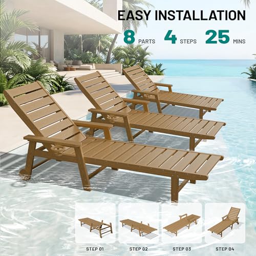 PLUUV HDPE Outdoor Lounge Chairs Set of 2, Patio Chaise Lounge Chairs for Outdside with 5-Position Adjustable Backrest & Cup Holders & Wheels for Patio, Deck, Poolside, Backyard -Brown