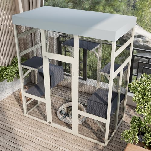 70.1" Gray Wooden Catio Outdoor Pet Enclosure - Spacious Secure Cat House with Waterproof Top, Black Rust-Proof Metal Wire & Small Animal Cage (Gray, 62.60x32.30x70.10) WoodArtSupply