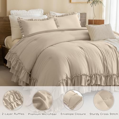 Masaca Ruffled Comforter Set Queen,3-Piece Farmhouse Shabby Boho Chic Bedding,Ultra Soft Linen Feel Textured Bed Comforter Set (1 Ruffle Comforter+2 Pillow Shams) Masaca