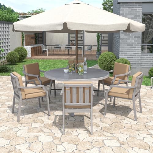 VilroCaz 6-Person Acacia Wood Outdoor Dinning Set, All-Weather Outdoor Round Dining Table with Umbrella Hole and 6 Cushion Chairs for Patio Backyard Garden VilroCaz