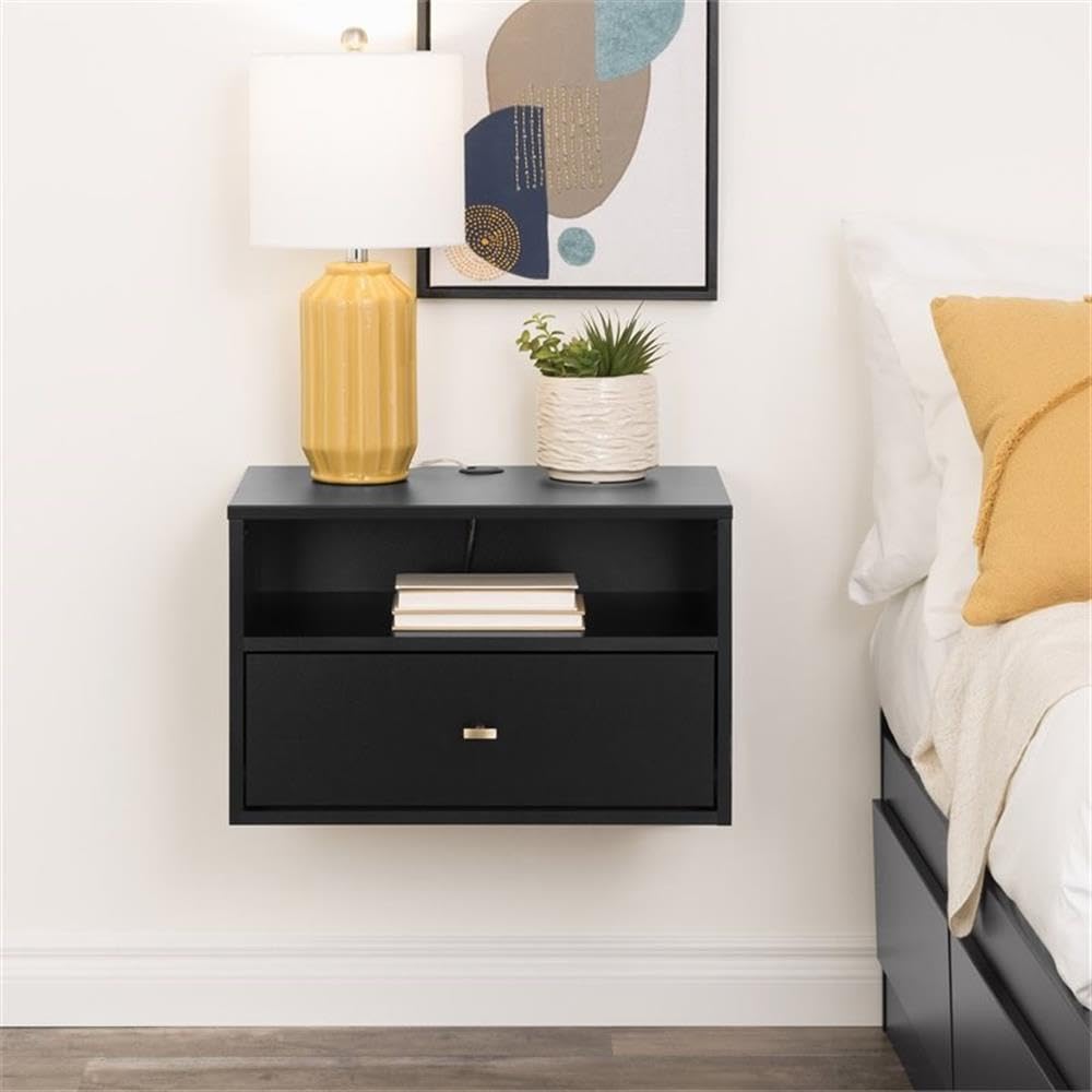 Prepac Transitional 1 Drawer Floating Nightstand With Open Shelf, 15"D x 22.5"W x 14.5"H, Black Prepac