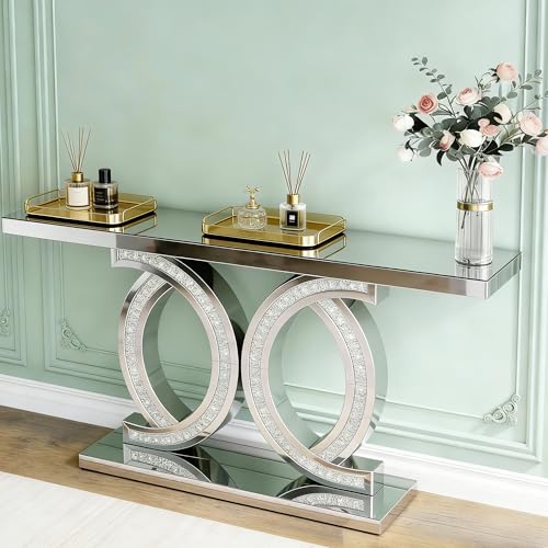 Silver Mirrored Console Table, Modern Luxury Rectangle Sofa Table with Diamond Glass Effects, Elegant Mirrored Furniture for Entryway, Hallway, Entrance (Extra Large) arbol manualidad