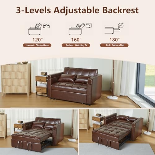 weselon Leather Convertible 3 in 1 Sleeper Sofa Bed, Small Upholstered Loveseat Pull Out Couch, Multi-Functional Sleeper Futon with Hidden Table and Adjustable Backrest for Living Room (Brown) weselon