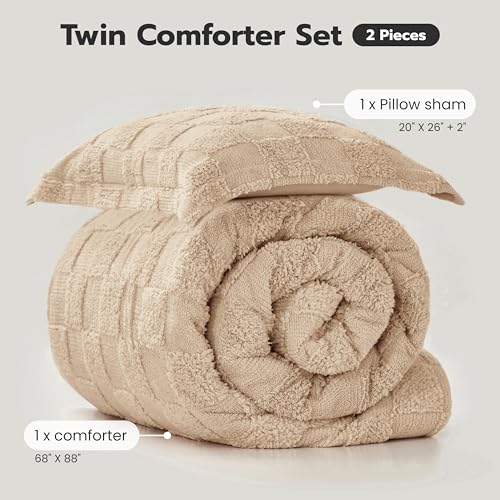 Joiedomi Tufted Twin Comforter Set, 2 Pieces Brown Boho Twin Bedding Set with 1 Plaid Geometric Comforter and 1 Pillow Sham, Checkered Bed in a Bag for All Seasons Joiedomi