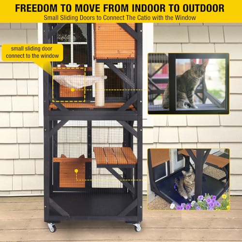 Aivituvin Cat House Window Catio Outdoor Cat Enclosure Mobile Kitty Shelter on Wheels Pet Cage with Resting Box,Hammocks,Waterproof Cover Aivituvin