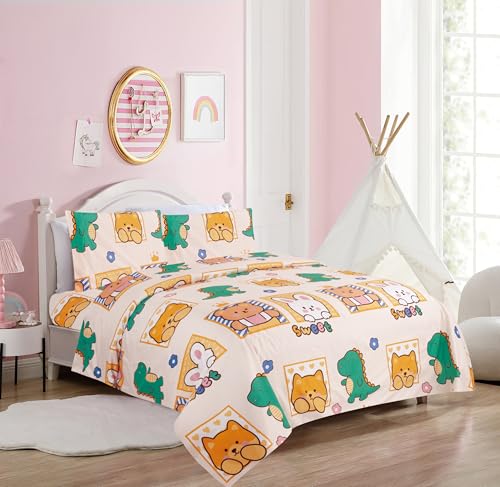Comfy Deal Hight Thread Count Super Soft Microfiber Kid Breathable Bed Sheet Set with Pillowcase, Flat and Fitted Sheet (Twin, Dinosaurs, Rabbit & Teddy Bear) Comfy Deal