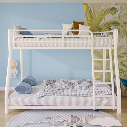 KAIFAM Metal Bunk Bed, Twin Over Full Bunk Bed with Safety Guardrail and Ladder, Bunk Beds Twin Over Full Size(White) KAIFAM