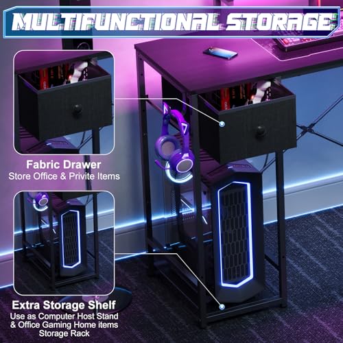 X-cosrack 33.5" Small Gaming Desk with LED Lights & Power Outlets, Compact Computer Desk with Monitor Stand & CPU Stand, Gamer Table with Storage Drawer, Side Hooks for Home Office, Bedroom, Black X-cosrack