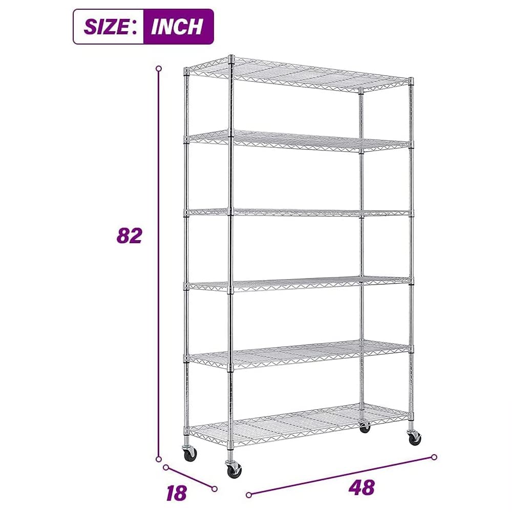 FDW 48"L×18"W×82"H Wire Shelving Unit Storage Cart Metal Shelf Rolling Utility Cart 2100Lbs Capacity with 6 Tier Casters Adjustable Layer Rack Strong Steel for Restaurant Garage Pantry Kitchen,Chrome FDW