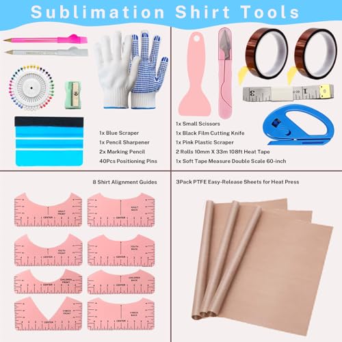 Sublimation Shirt Tool Kits, 8 T Shirt rulers, 3 Pack Teflon Sheet for Heat Press 12 x 16in, Heat Resistant Gloves with Silicone Bumps, 2 Rolls Heat Resistant Tape ofeankri
