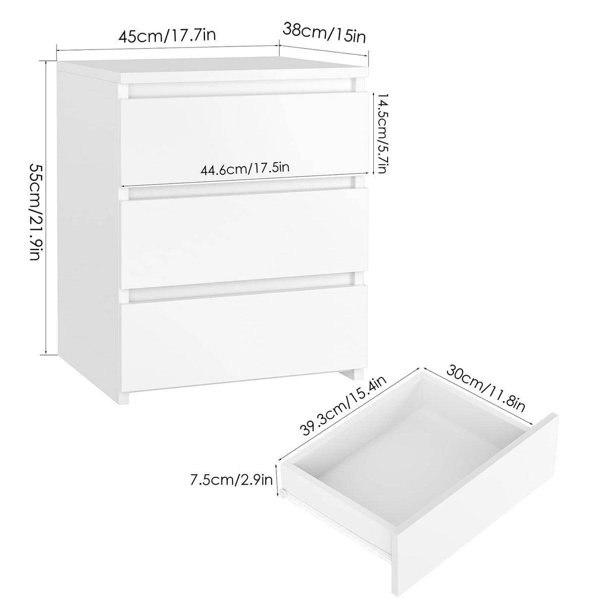 FOTOSOK White Nightstand with 3 Drawers, White Bedside Table Night Stand for Bedroom with Cut-Out Handle, Sofa Side Table 3 Drawer Nightstand for Bedroom, 17.7W*15D*21.7H FOTOSOK
