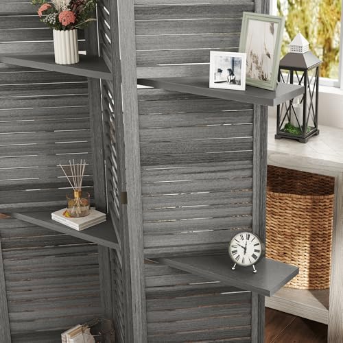 HOMCOM Room Divider, 4 Panel 67" Tall Wood Privacy Screen with 3 Display Shelves, and Folding Storage for Bedroom or Home Office, Gray HOMCOM