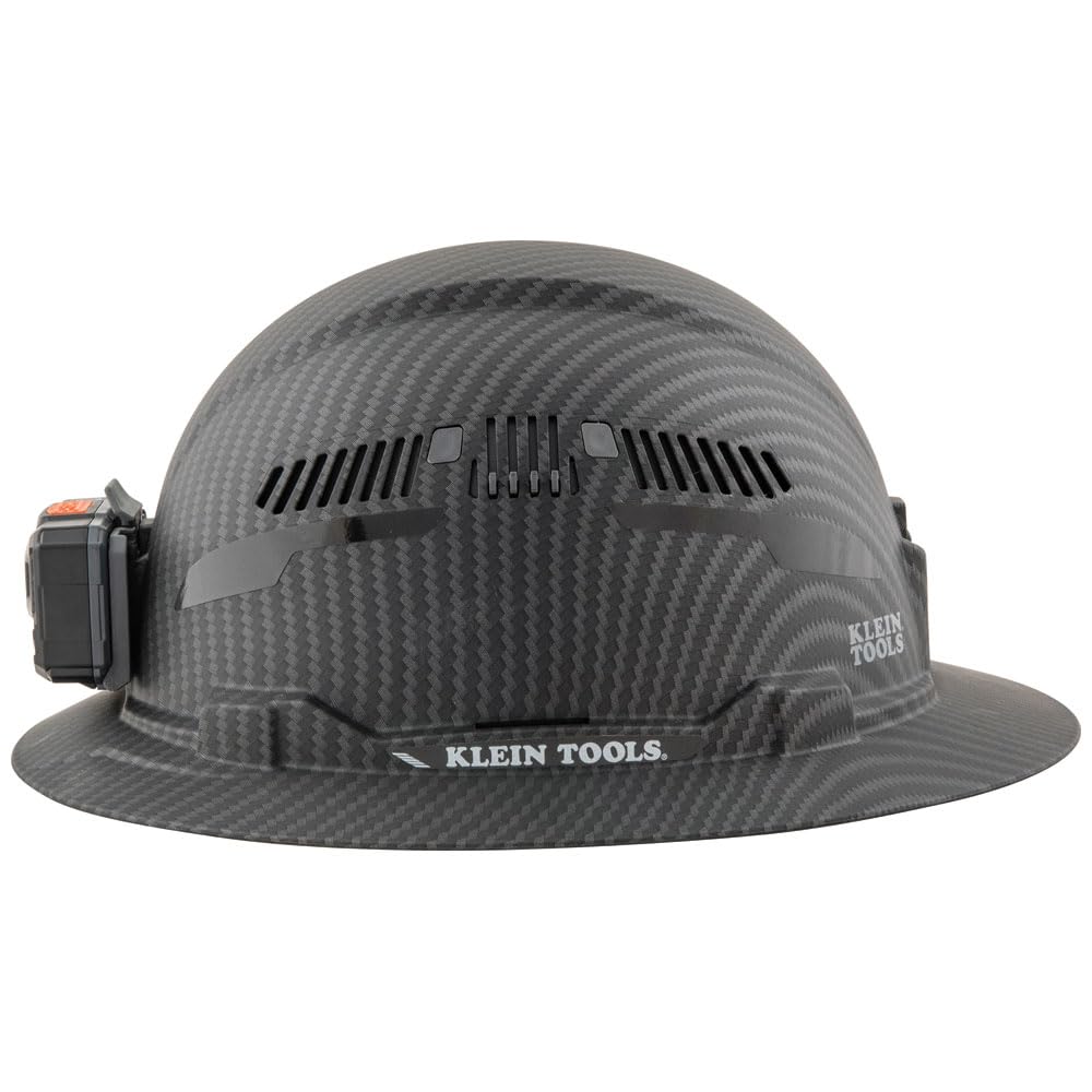 Klein Tools 60347 Hard Hat, Vented Full Brim, Class C, Premium KARBN Pattern, Rechargeable Lamp, Padded Sweat-Wicking Sweatband, Top Pad Klein Tools