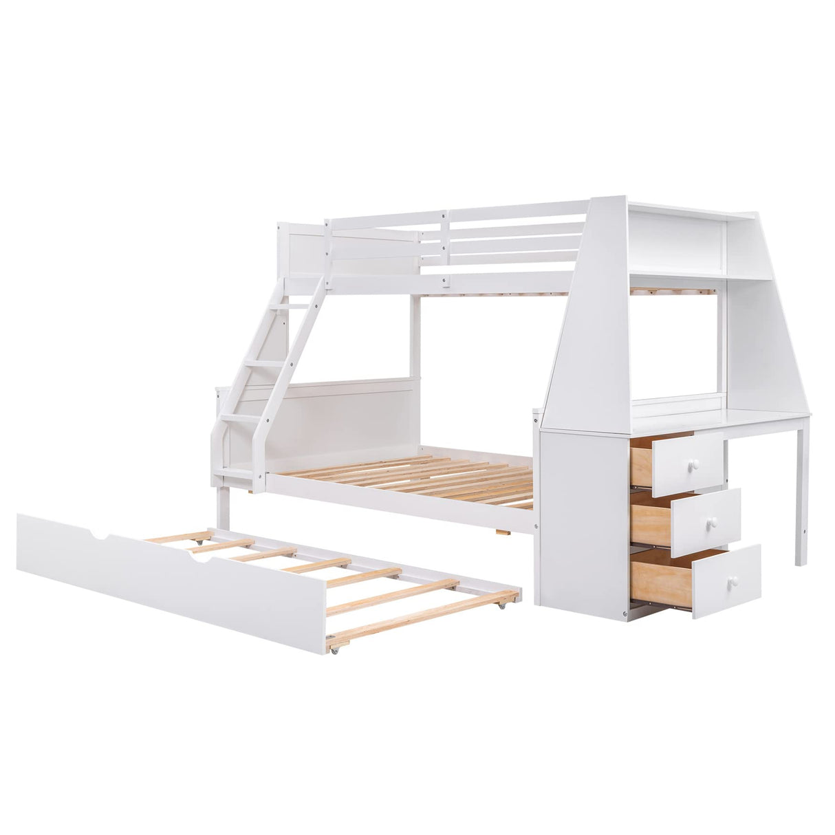 Bellemave Twin Over Full Bunk Bed with Trundle, Desk, Storage Drawers & Shelf in White Bellemave