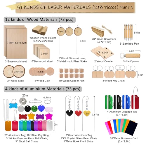 Leafcraft 218PCS Laser Engraving Material Explore Kit, 31 Kinds Laser Cutting Engraving Accessories Include Acrylic, Metal, Wood, Felt, PU Leather, Cork, Rock, Rubber for Engraver Machine DIY Crafting leafcraft