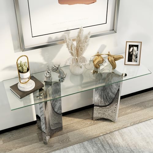 Asday Silver and Glass Console Table, 60 Inch Sofa Table, Silver Rectangle Entryway Table with Polished Mirror Base for Living Room, Hallway Asday