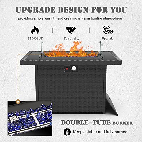 Vakollia 13 Pieces Patio Furniture Set with 44" Propane Gas Fire Pit Table, Outdoor Sectional Wicker Conversation Sofa Sets with Coffee Table Vakollia