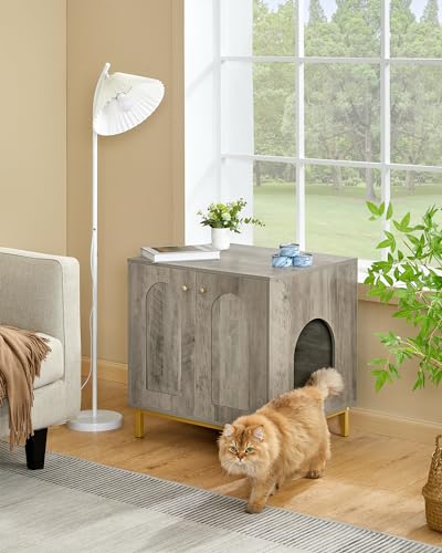 Hzuaneri Cat Litter Box Enclosure, Hidden Litter Box Furniture, Wooden Pet House Side End Table, Storage Cabinet Bench, Fit Most Cat and Litter Box, Living Room, Bedroom, Greige and Gold CB81205G Hzuaneri