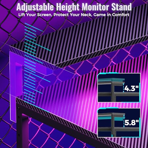 PRAISUN 61.7" Gaming Desk with LED Lights & Outlets, Computer Desk with 3 Fabric Drawers, PC Desk with PC Case Stand & Movable Storage Shelves, Monitor Stand, Reversible, Carbon Fiber Black PRAISUN