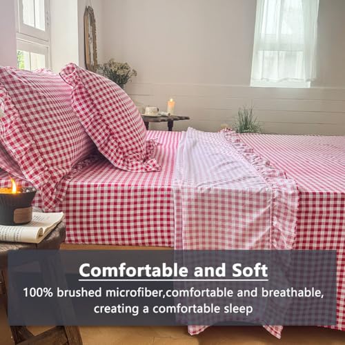 NSNLGSGC Red Gingham Ruffle King Sheet Set, Red Soft Pre-Washed Microfiber Plaid King Bed Sheets, 4-Pieces Farmhouse Sheet Set with Deep Pocket NSNLGSGC