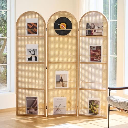 Rattan Room Divider with Bookshelf,Foldable Privacy Screen Partition,Wooden Frame,Natural Portable for Living Room,Bedroom Home,Office Reading Nook (Natural, 3 Panels) Svimi