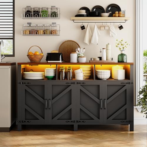 knoworld Buffet Sideboard with Storage with Power Outlets & LED Light 4 Doors, 55'' Large Farmhouse Kitchen Storage Cabinet Wood Coffee Bar Cabinet Buffet Table for Kitchen, Dining Room, Entryway knoworld