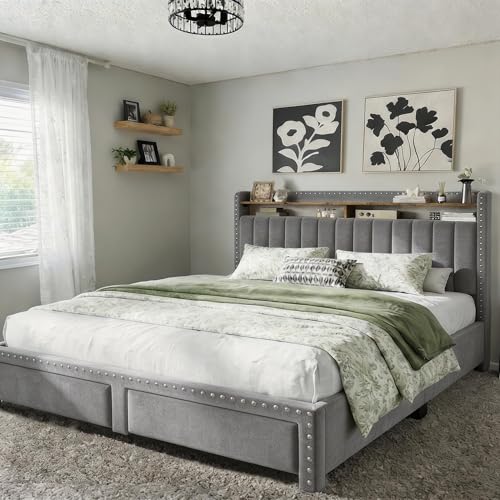 EnHomee King Size Bed Frame with 2 Metal Storage Drawers, Vertical Tufted Upholstered King Platform Bed with Headboard Shelf, 1000lbs Heavy Duty, No Box Spring Needed,Easy Assembly,Grey EnHomee