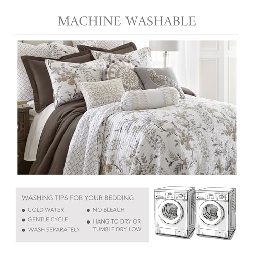 Levtex Home Pisa Reversible Full/Queen Quilt Set (88x92in) with 2 Pillow Shams (26x20in) - Floral Peacock - Grey, Taupe - 100% Cotton Full/Queen Size Quilt Bedding Set - Lightweight, Soft, Pre-Washed Levtex Home