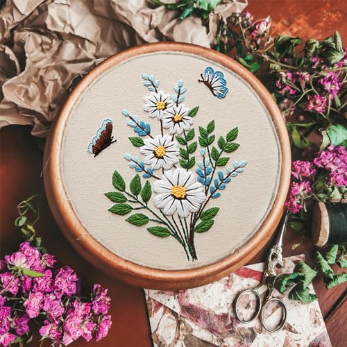 FONNUY Embroidery Kit for Beginners,Plants Flowers Pre-Stamped Pattern Kits for Adults with Hoop, Easy to Follow Needlework (Butterfly Flower)