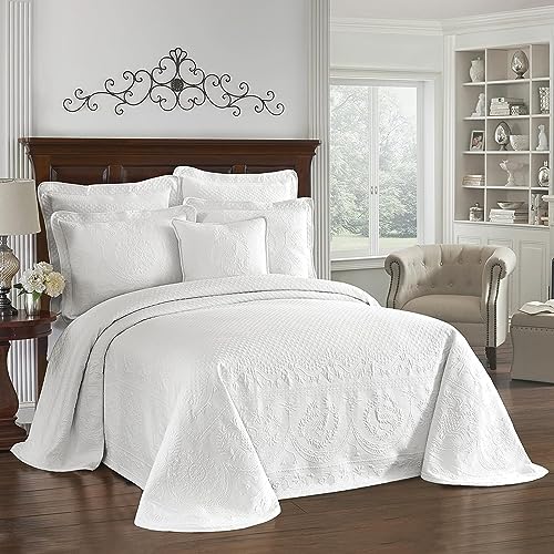 Historic Charleston King Charles Modern Farmhouse Floral Matelasse Bedspread, 100% Cotton Breathable Bedding, King/Calking, White Historic Charleston