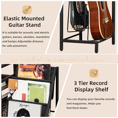 LELELINKY Record Player Stand, Adjustable Guitar Stand for Acoustic Guitar, Electric Guitar, Bass, Turntable Stand with Vinyl Display Shelf Storage Up to 150 Albums,Brown End Table for Music Room LELELINKY