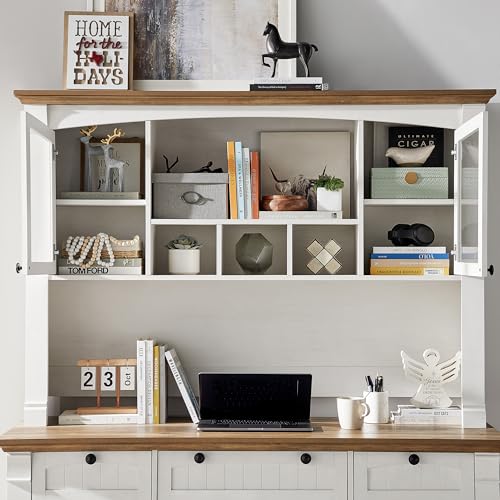 OKD 60" Executive Desk with Hutch and Drawers, Farmhouse Home Office Desk with Charging Station, Keyboard Tray, File Cabinet Storage, Wood Computer Desk for Work and Study, Antique White OKD