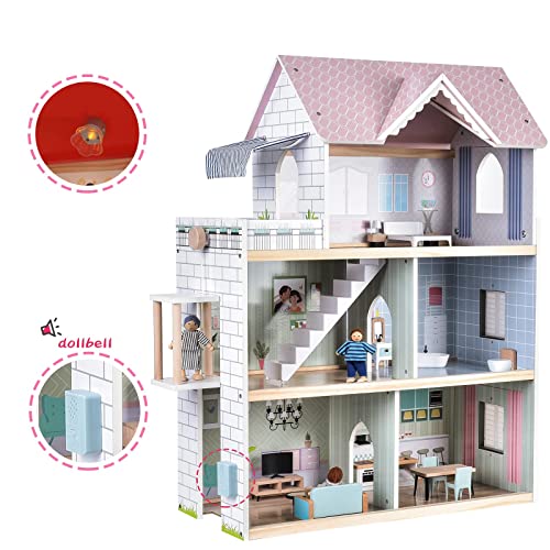 Giant bean Wooden Dollhouse 2.6 feet High with Elevator, Doorbell, Light,15 Pieces Furnitures and 3 Dolls, Toy Gift for Girls Ages 3-7+ Giant bean