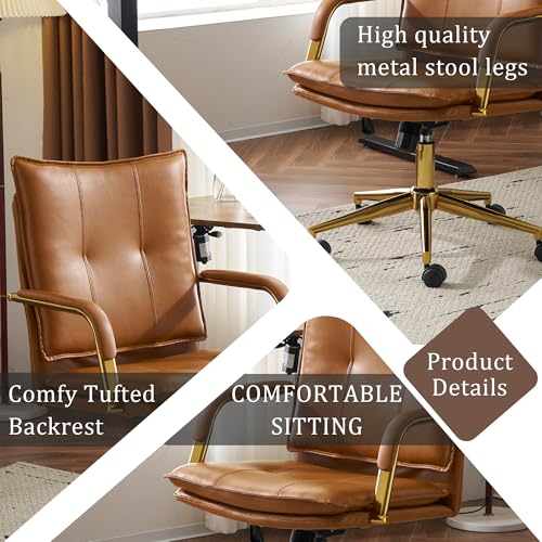 MOJAY Office Chair, Leather Desk Chair, Brown Desk Chair, Mid Century Modern Office Chair, Swivel Comfy Upholstered Executive Desk Chair with Gold Legs and Armrests for Home, Office (Camel&Golden) MOJAY