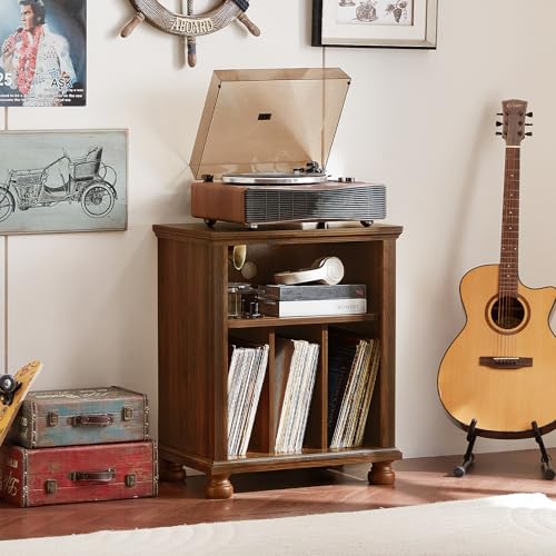 Joaxswe Record Player Stand with Vinyl Record Storage, 24" Wide Mid-Century Record Player Table Up to 200 Albums,Large Wood Turntable Stand Cabinet Dispaly Shelf for Living Room,Bedroom,Brown Joaxswe